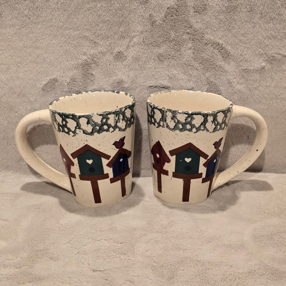 Vintage Gibson Stoneware Birdhouse Mugs Set of 2 Cream Speckled Farmhouse Decor
